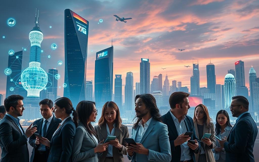 A futuristic urban setting showcasing the concept of 7G global communication. In the foreground, a diverse group of professionals in business attire are engaged in vibrant discussions, using advanced handheld devices. The middle ground features sleek, innovative skyscrapers adorned with glowing network signals and holographic displays that symbolize connectivity. In the background, a dynamic skyline merges with digital elements like floating data streams and satellite connections, all under a twilight sky illuminated by neon lights. The scene conveys a sense of excitement and optimism about future technology. Employ dramatic lighting to highlight the faces of the professionals, capturing their expressions of wonder and collaboration. Utilize a wide-angle perspective to enhance the sense of scale and connectivity in this visionary landscape. A Tecnologia 7G