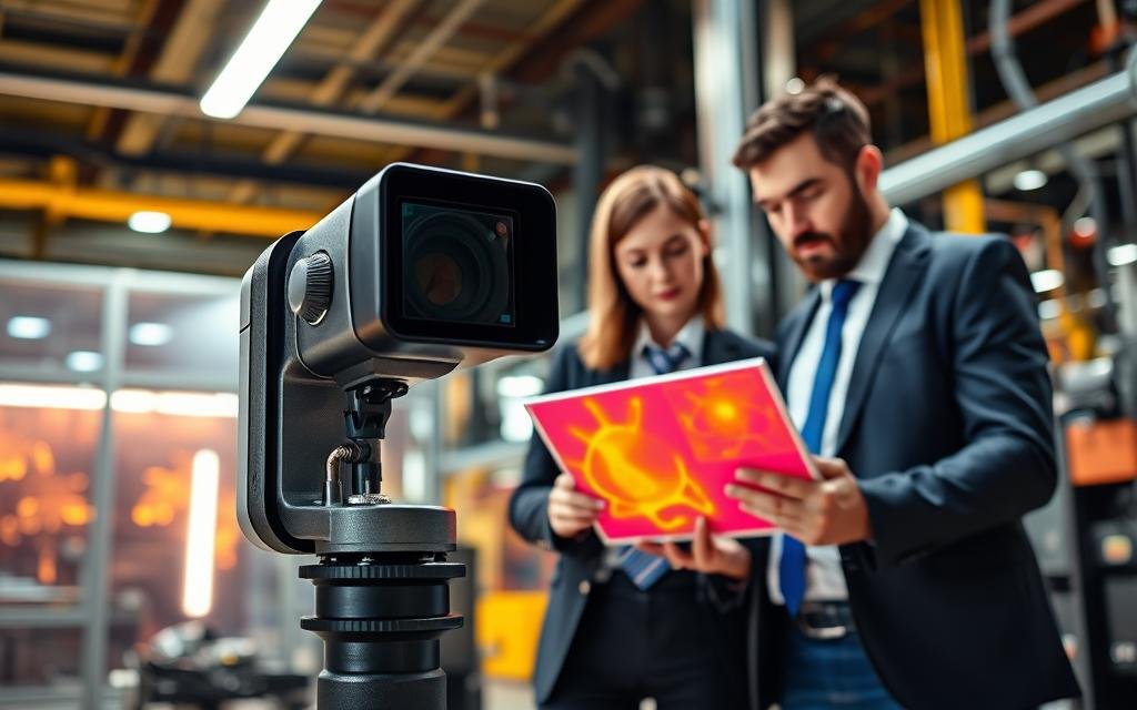 A high-tech thermal imaging camera in the foreground, showcasing its sleek design and advanced features. In the middle, two professionals in business attire are analyzing thermal images on a laptop, discussing applications in various sectors like manufacturing, healthcare, and energy efficiency. The background reveals a modern industrial setting, with equipment and machinery dissipating heat, creating a visually dynamic scene. The lighting is bright and focused, highlighting the camera's details while casting soft shadows to add depth. The mood is innovative and collaborative, emphasizing the transformative power of thermal camera technology in diverse industries. The angle is slightly elevated, capturing both the professionals and the high-tech environment they are working in. A Tecnologia Secreta das Câmeras Térmicas.