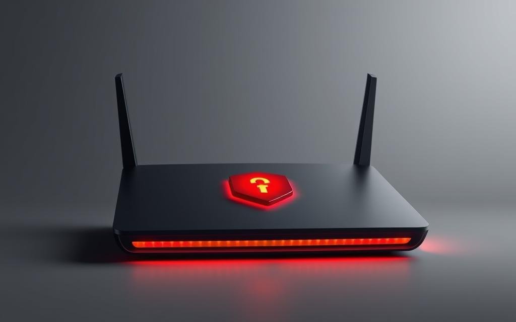 A modern, sleek router with a prominent firewall icon displayed prominently on its sleek, black chassis. The firewall graphic is rendered in shades of red and orange, evoking a sense of security and protection. The router is illuminated by a warm, diffused lighting that casts a subtle glow, emphasizing its technical prowess. The background is a minimalist, gradient-based design in complementary shues of gray, highlighting the firewall's central role. The overall aesthetic is one of sophistication, efficiency, and robust cybersecurity - a visual representation of the "Uso de Firewall e Outras Camadas de Segurança" section. A modern, sleek router with a prominent firewall icon displayed prominently on its sleek, black chassis. The firewall graphic is rendered in shades of red and orange, evoking a sense of security and protection. The router is illuminated by a warm, diffused lighting that casts a subtle glow, emphasizing its technical prowess. The background is a minimalist, gradient-based design in complementary shues of gray, highlighting the firewall's central role. The overall aesthetic is one of sophistication, efficiency, and robust cybersecurity - a visual representation of the "Uso de Firewall e Outras Camadas de Segurança" section.