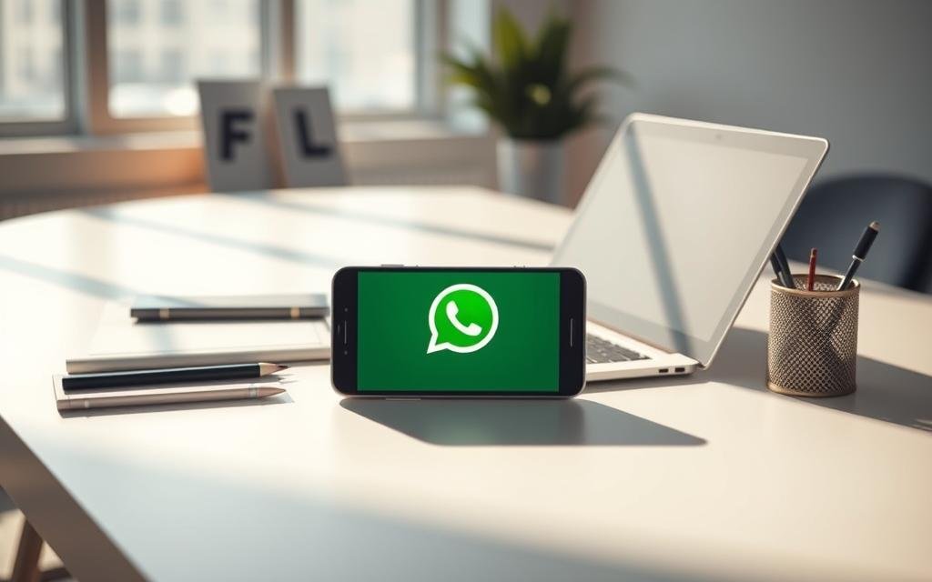 A serene, modern office setting with a sleek desk, an open laptop, and a smartphone prominently displayed. The desk is adorned with minimalist office supplies, casting soft shadows under natural lighting filtering through large windows. The smartphone's screen shows the WhatsApp interface, showcasing its key features and functionalities in a clean, intuitive layout. The overall scene conveys a sense of productivity and technological integration, subtly highlighting the article's subject of immediate WhatsApp changes and features. Mudanças Imediatas no Seu WhatsApp