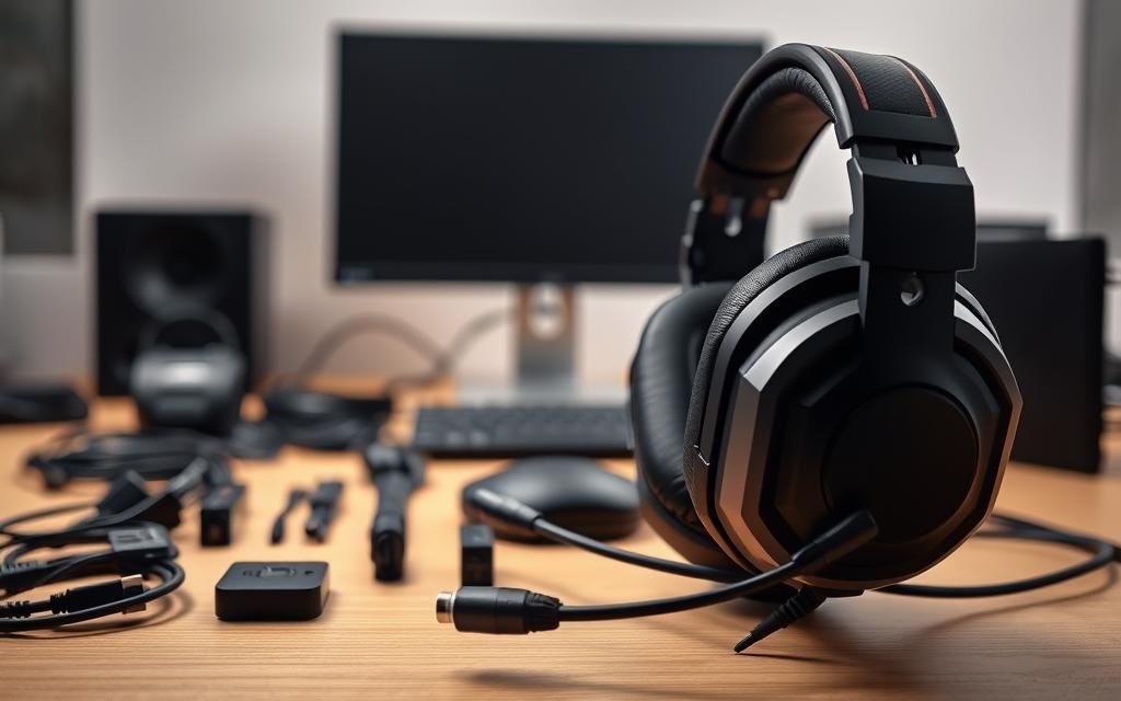 Detailed view of a professional gaming headset, meticulously configured for optimal sound and comfort. A sleek, modern headset sits prominently in the foreground, its finely tuned components and adjustable elements highlighted by dramatic side lighting. In the middle ground, a variety of cables, adapters, and accessories are neatly organized, suggesting a thoughtful setup process. The background features a minimalist, clean workspace, emphasizing the importance of a distraction-free environment for daily use. The overall scene conveys a sense of precision, functionality, and a dedication to optimizing the user experience. 5 Motivos Para Seu Headset Estar Fazendo Ruído