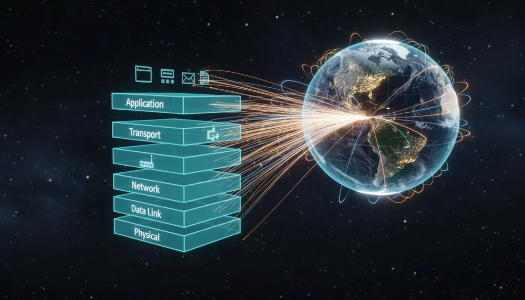 Diagrama técnico explicando o protocolo TCP/IP e como ele permitiu que a internet surgisse como uma rede global.