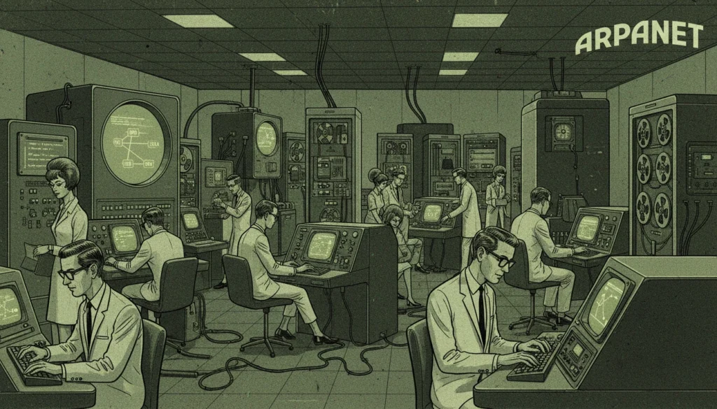 Infográfico detalhado mostrando como a internet surgiu a partir da conexão entre computadores da ARPANET em 1969.