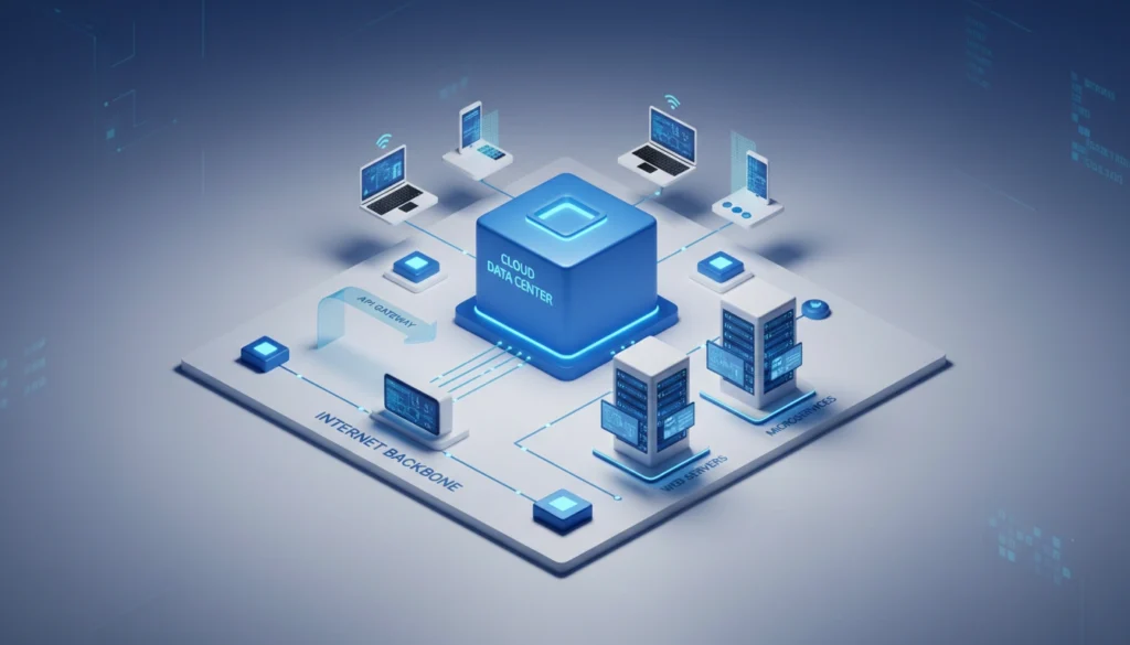 Diagrama moderno de Arquitetura de Servidores mostrando conexão cliente-servidor