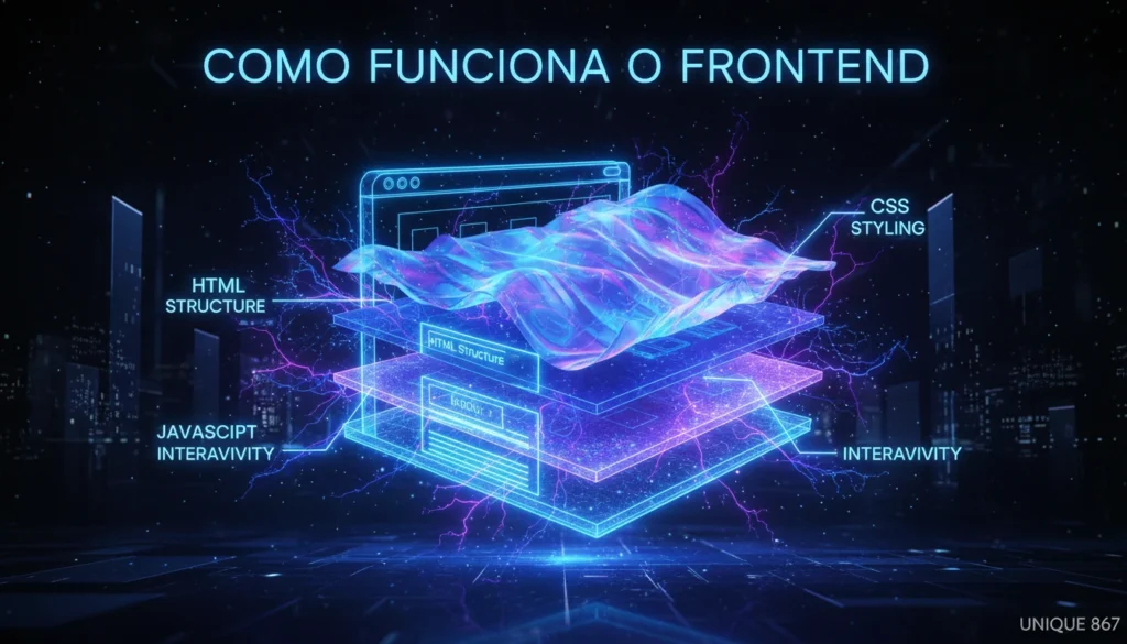 Ilustração detalhada mostrando como funciona o frontend com camadas de código