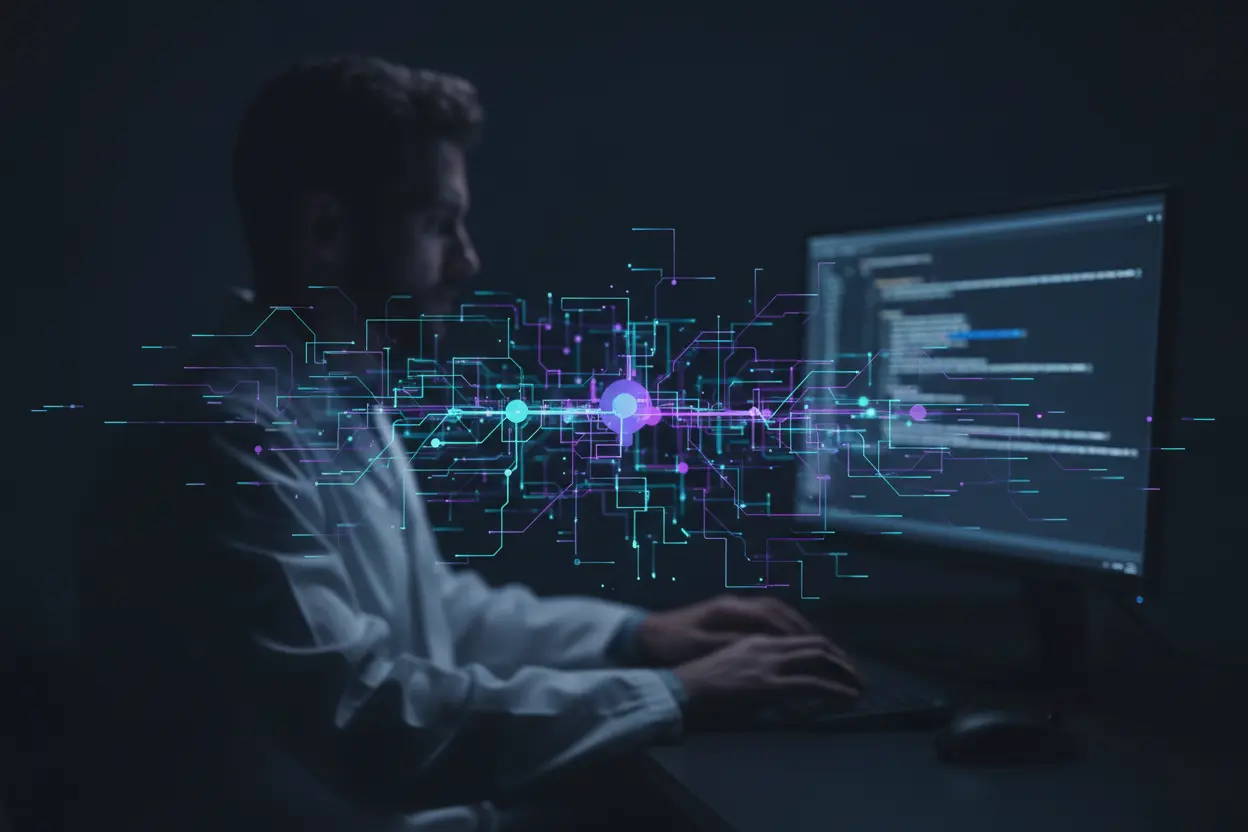 Aprendizado de Máquina em Ação Gráfico 3D de rede neural, simbolizando aprendizado de máquina.