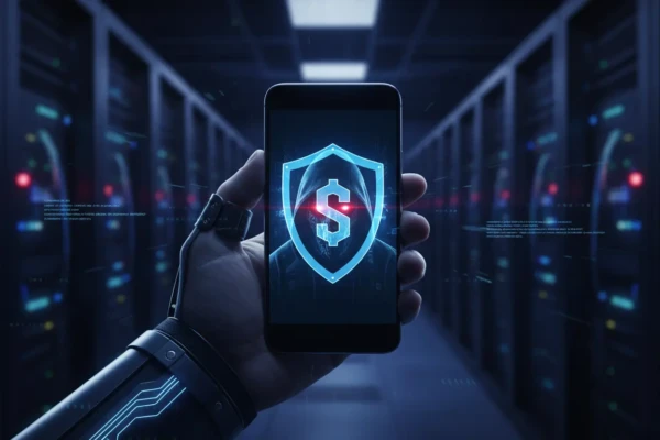 Mão segurando celular com escudo digital, simbolizando proteção contra hackers.