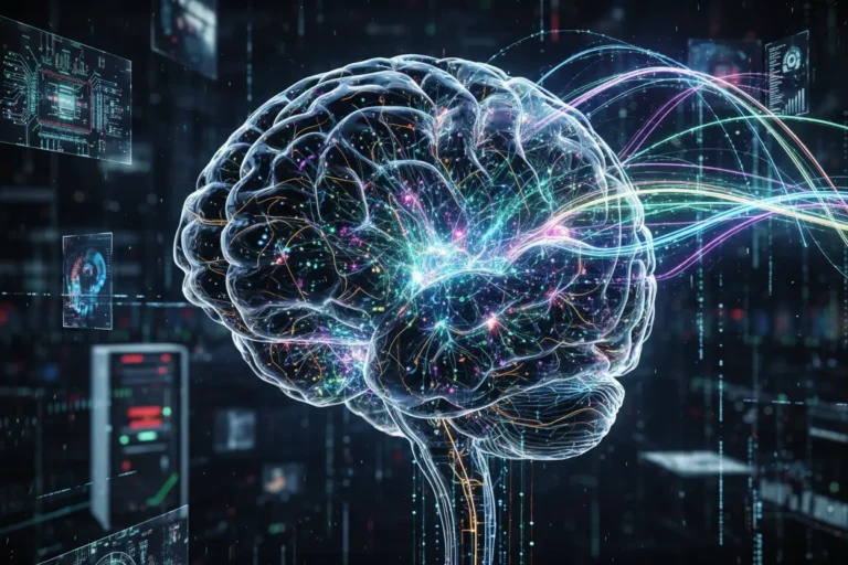 Cérebro humano estilizado com circuitos de inteligência artificial.