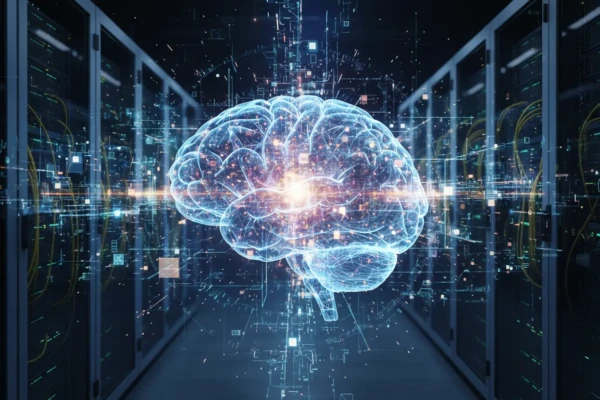 Representação visual de como funciona a inteligência artificial com redes neurais e dados digitais.