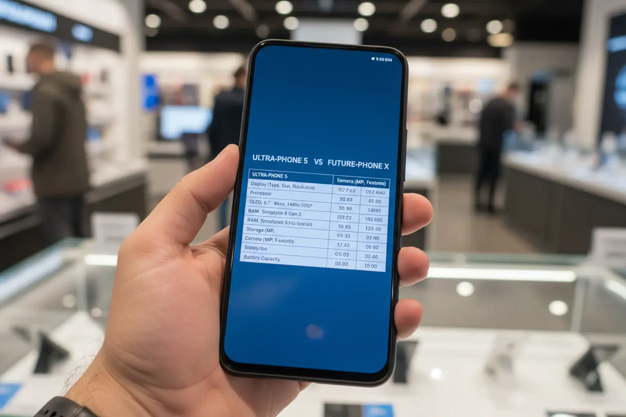 Detalhes dos Melhores Celulares Mão segurando smartphone com tela de especificações.