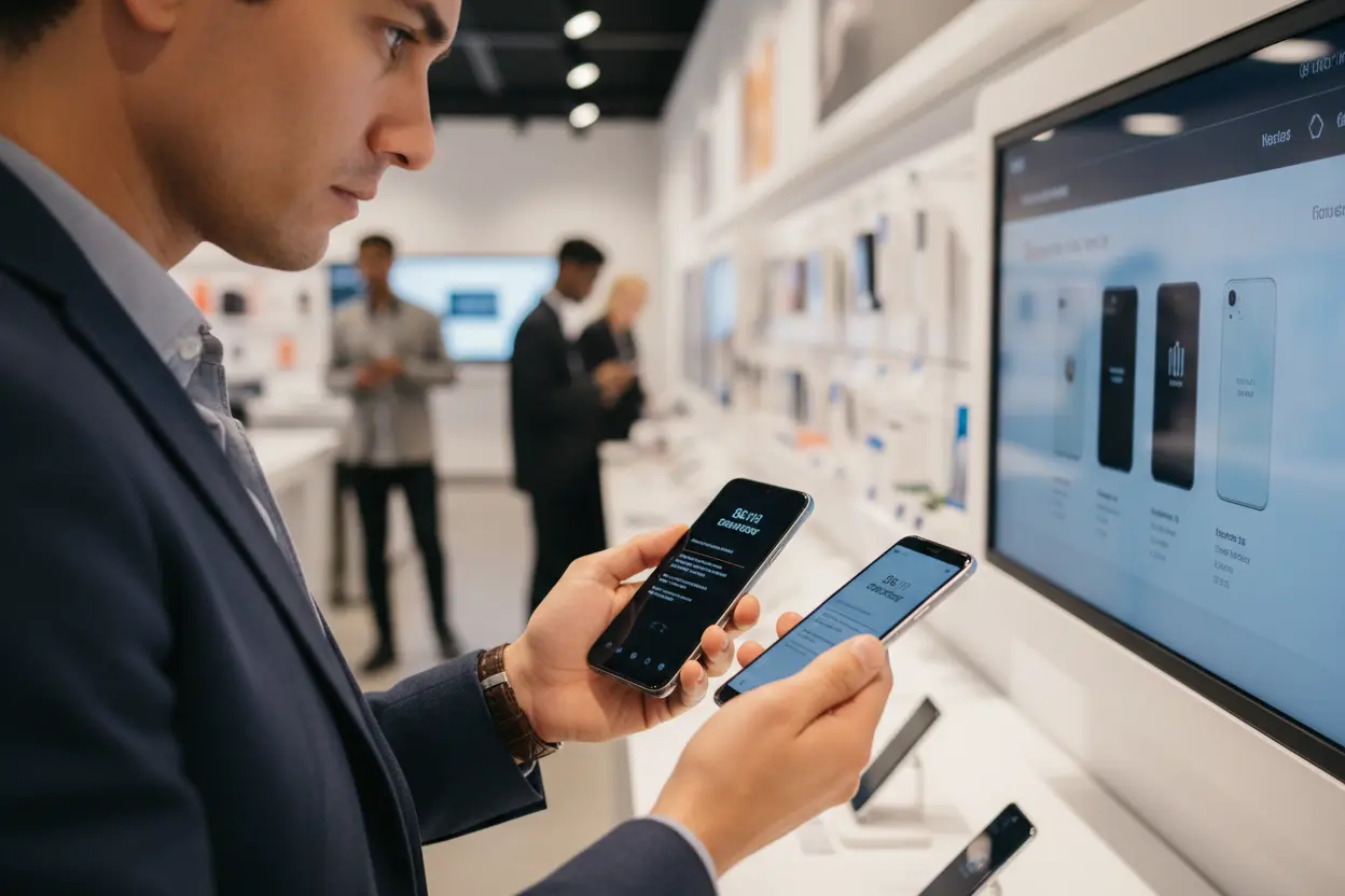 Guia para Escolher seu Smartphone Pessoa escolhendo celular em loja de tecnologia.