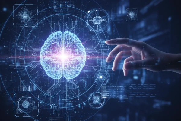 Cérebro digital futurista com circuitos, simbolizando a inteligência artificial.