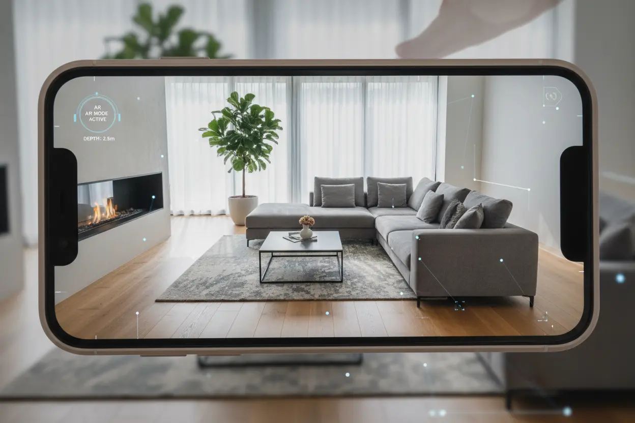 Mecanismos da Realidade Aumentada Smartphone mostrando o que é realidade aumentada com um sofá virtual em uma sala