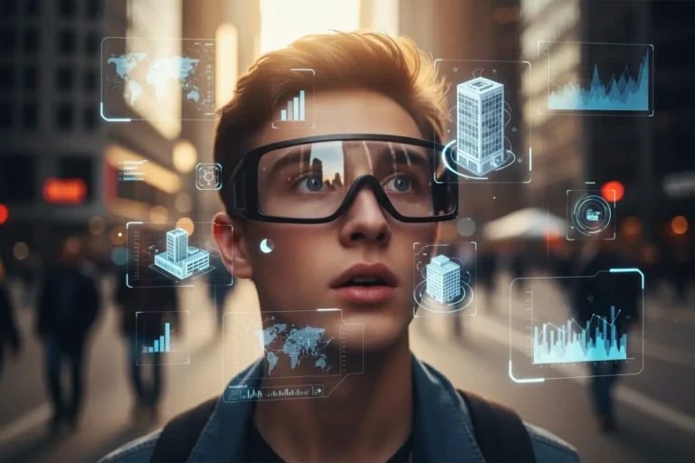 Pessoa usando óculos de realidade aumentada na cidade