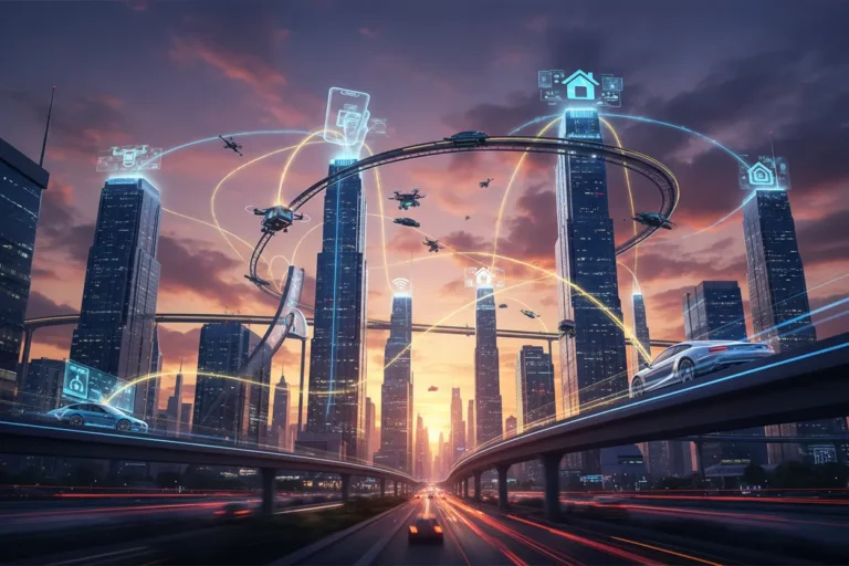 Cidade futurista com sinais de rede 5G