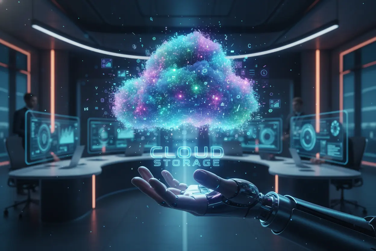 Mão alcançando uma nuvem de dados digitais, simbolizando o armazenamento em nuvem.