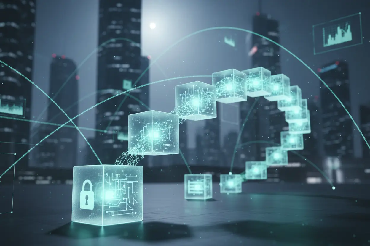 Blocos digitais interconectados representando a tecnologia blockchain.