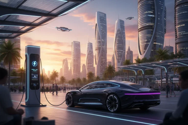 Carro elétrico moderno carregando em uma estação no Brasil