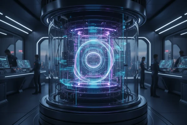 Núcleo de computador quântico com luzes azuis e roxas.