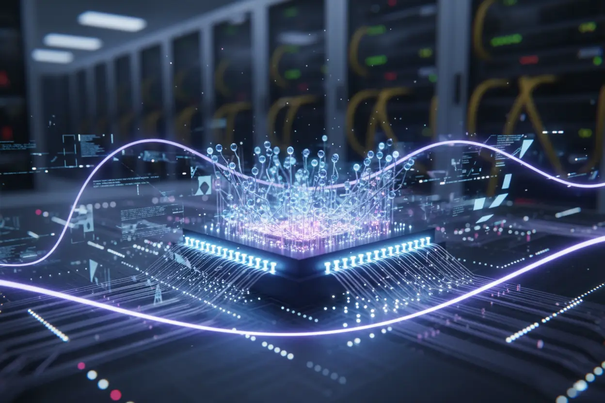 Processador de computador quântico com luzes azuis e roxas