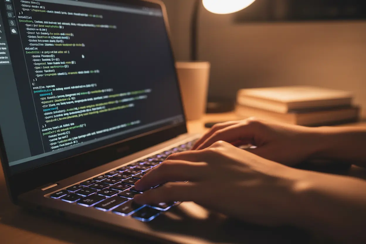 Conforto ao Programar Mãos digitando em teclado retroiluminado de notebook.