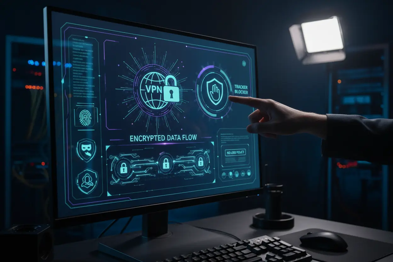 Critérios de Privacidade em Navegadores Painel digital mostrando funcionalidades de privacidade em navegadores.