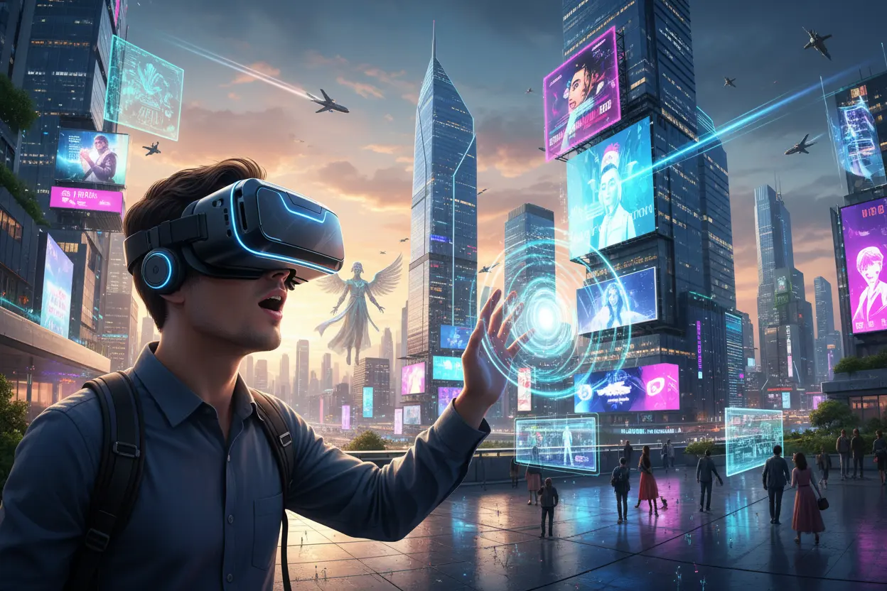 Pessoa com óculos VR explorando o Metaverso