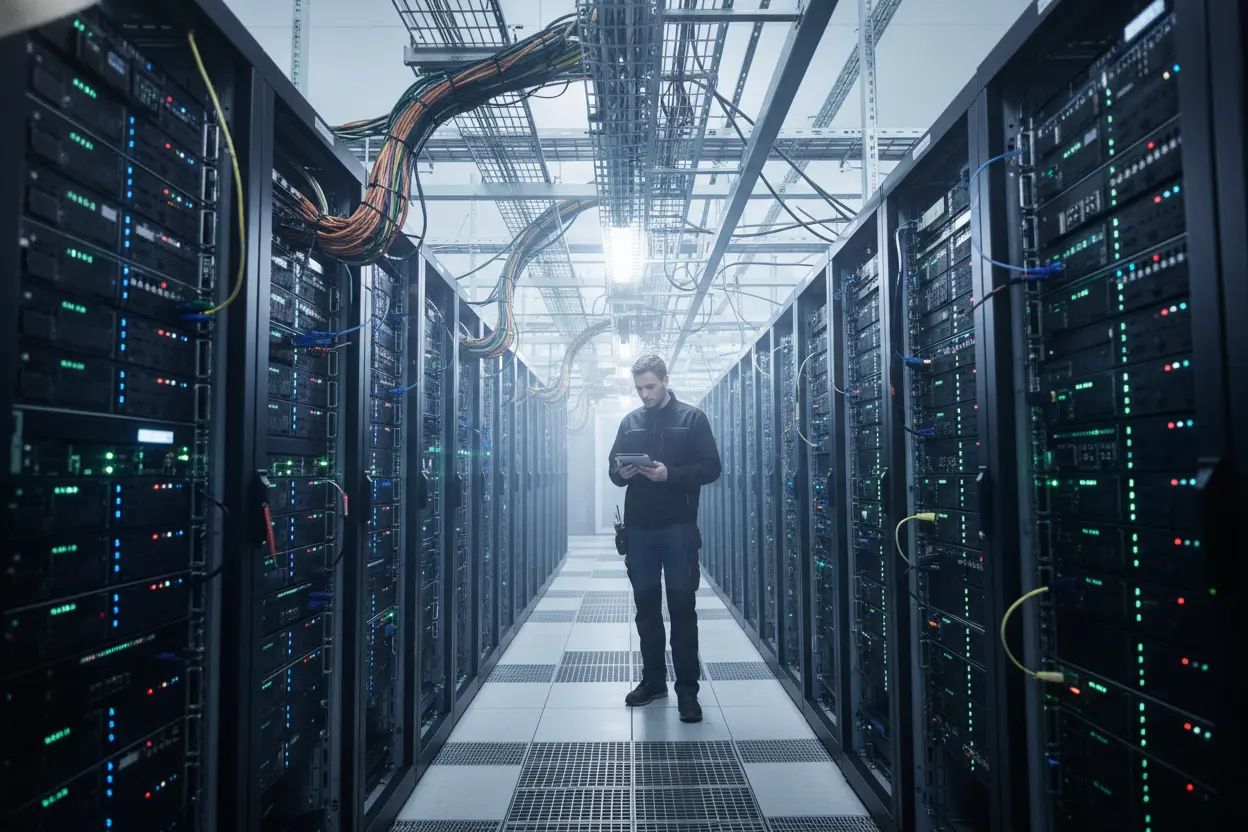 Infraestrutura da Nuvem em Ação Engenheiro de rede em um data center com servidores, mostrando o funcionamento da nuvem.