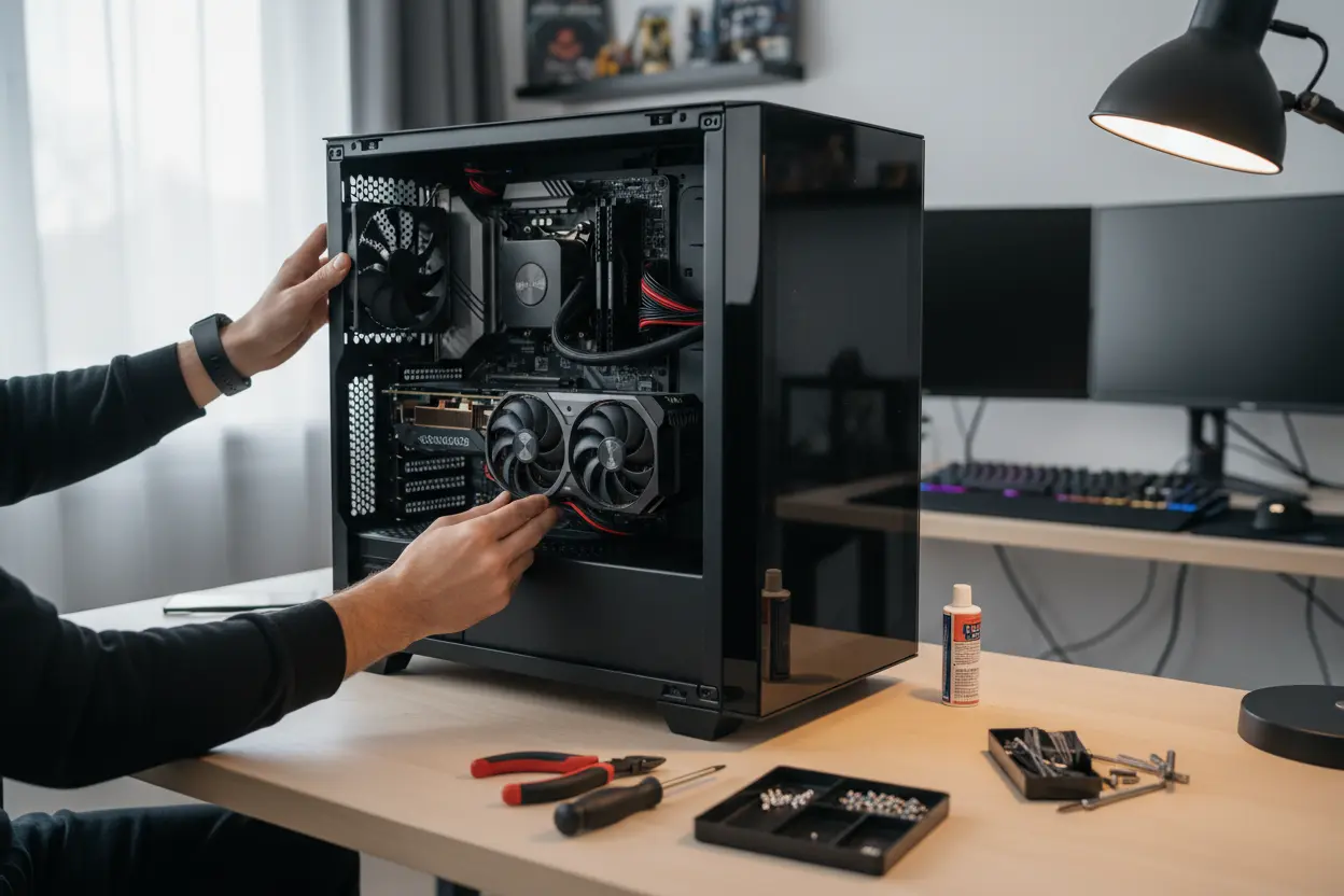 Montagem PC Gamer Detalhada Mãos montando um computador gamer dentro do gabinete, mostrando o processo.