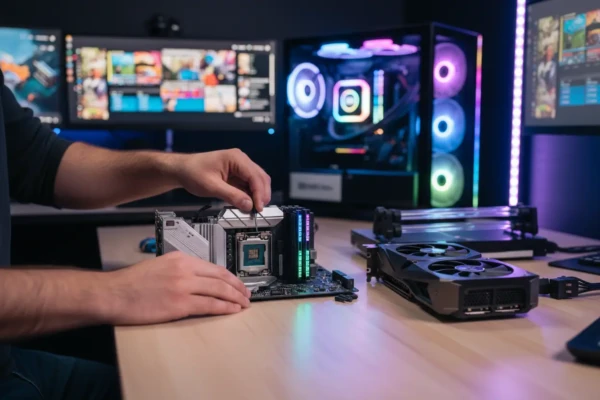 Pessoa montando um PC gamer barato com foco em custo-benefício.