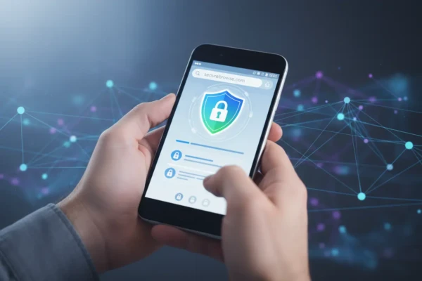 Pessoa usando smartphone com ícone de segurança em navegador, simbolizando privacidade.