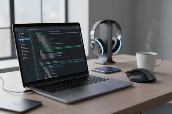 Notebook moderno com código na tela, ambiente de programação.