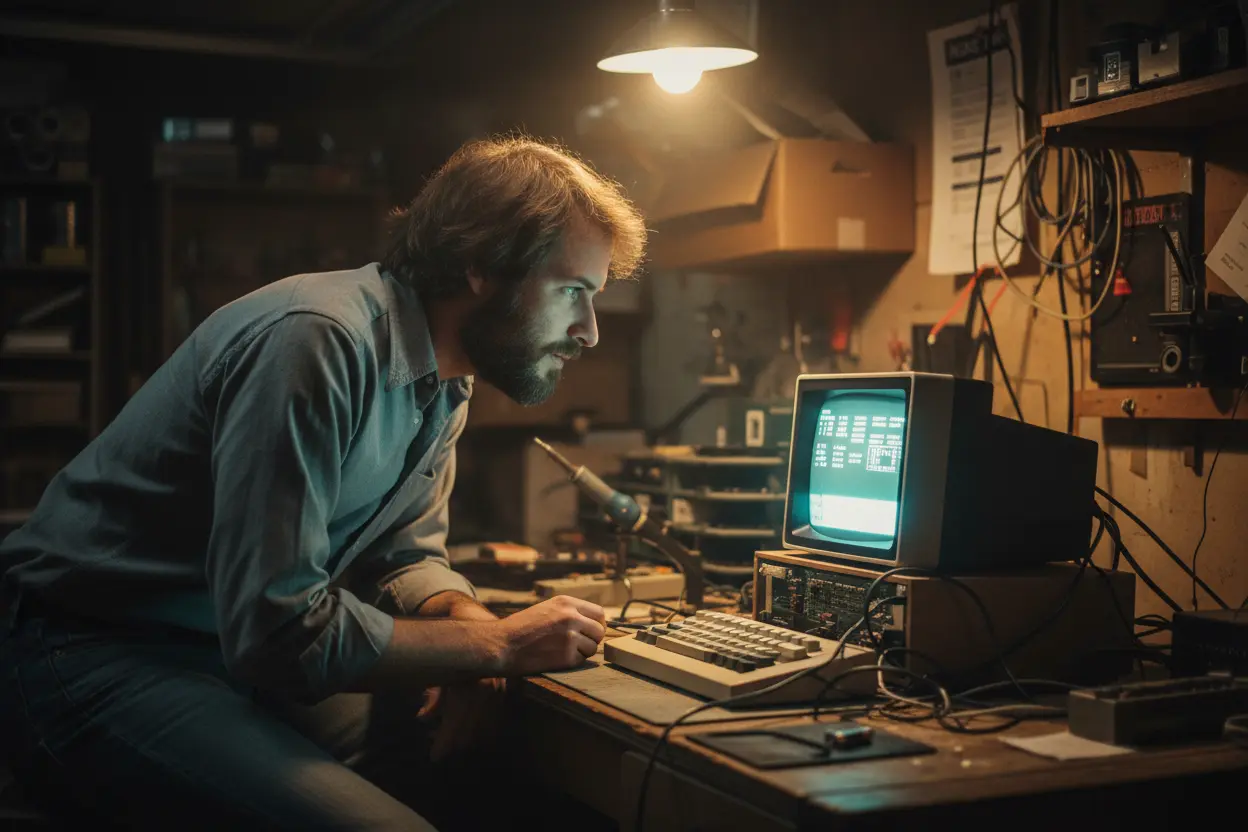 Jovem Steve Jobs com o Apple I em uma garagem
