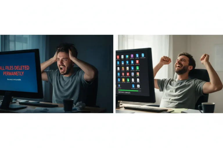 Pessoa preocupada com arquivos apagados e depois aliviada