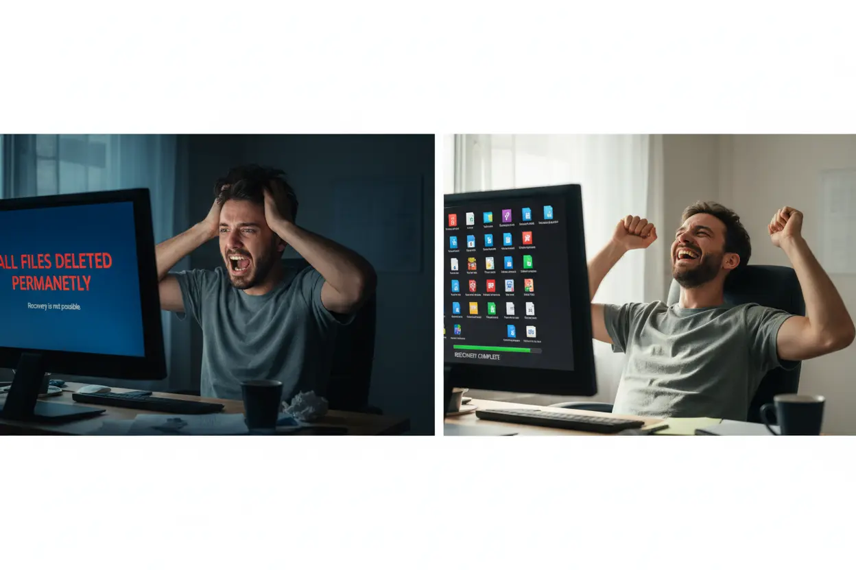 Pessoa preocupada com arquivos apagados e depois aliviada