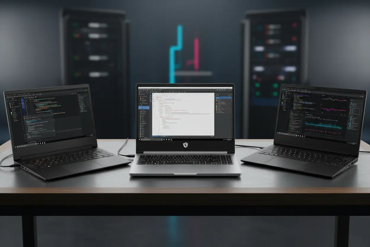 Top Notebooks para Programadores Melhores notebooks para programacao, lado a lado em uma bancada.