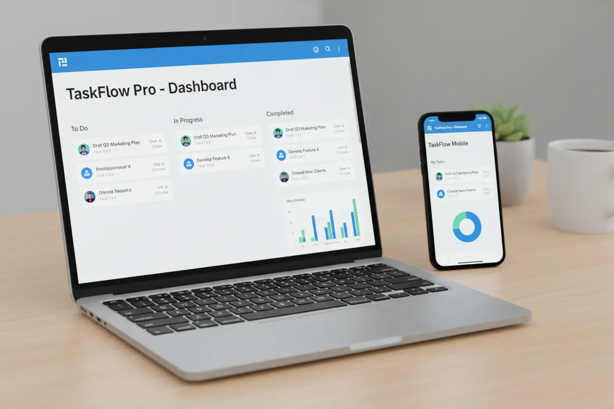 Dashboard de um software SaaS em laptop e smartphone.