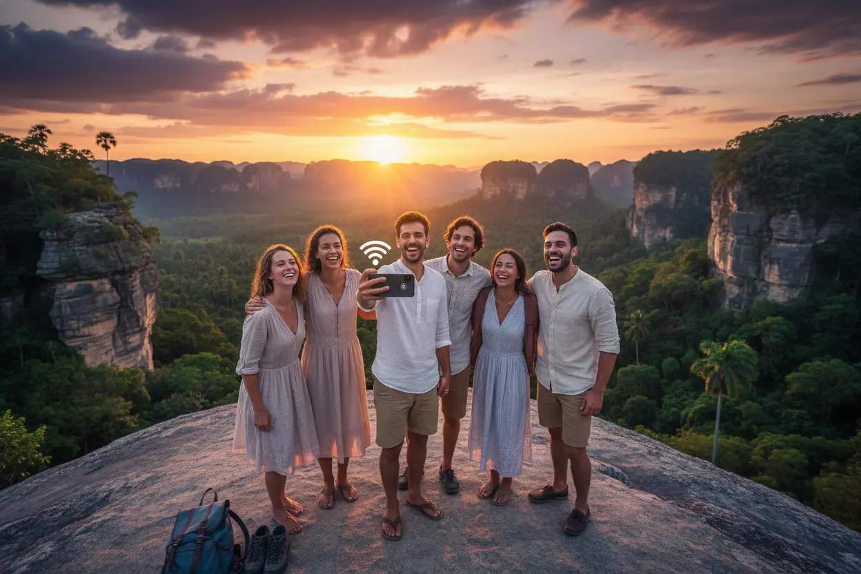 Amigos conectados usando celular em viagem internacional.