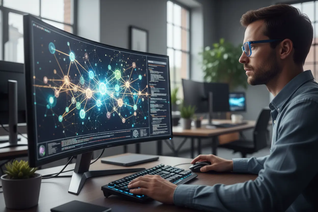 Cientista de Dados e Redes Neurais Cientista de dados analisando redes neurais em um monitor