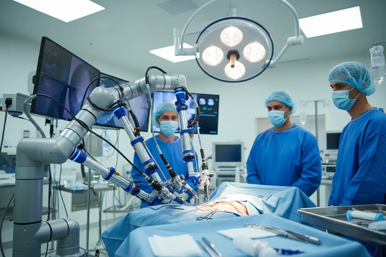 Robô cirúrgico mostrando como IA está transformando a medicina e saúde.