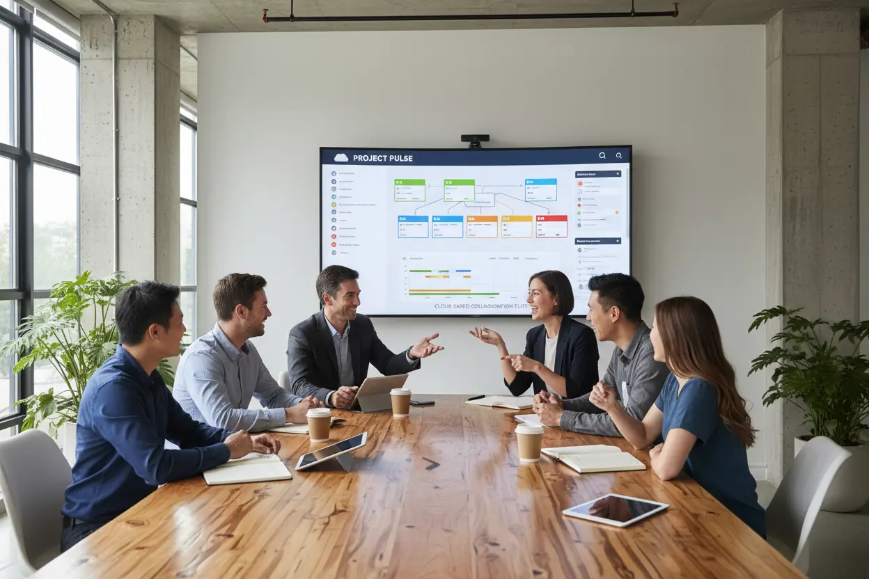 Equipe usando software de gestão de projetos SaaS.