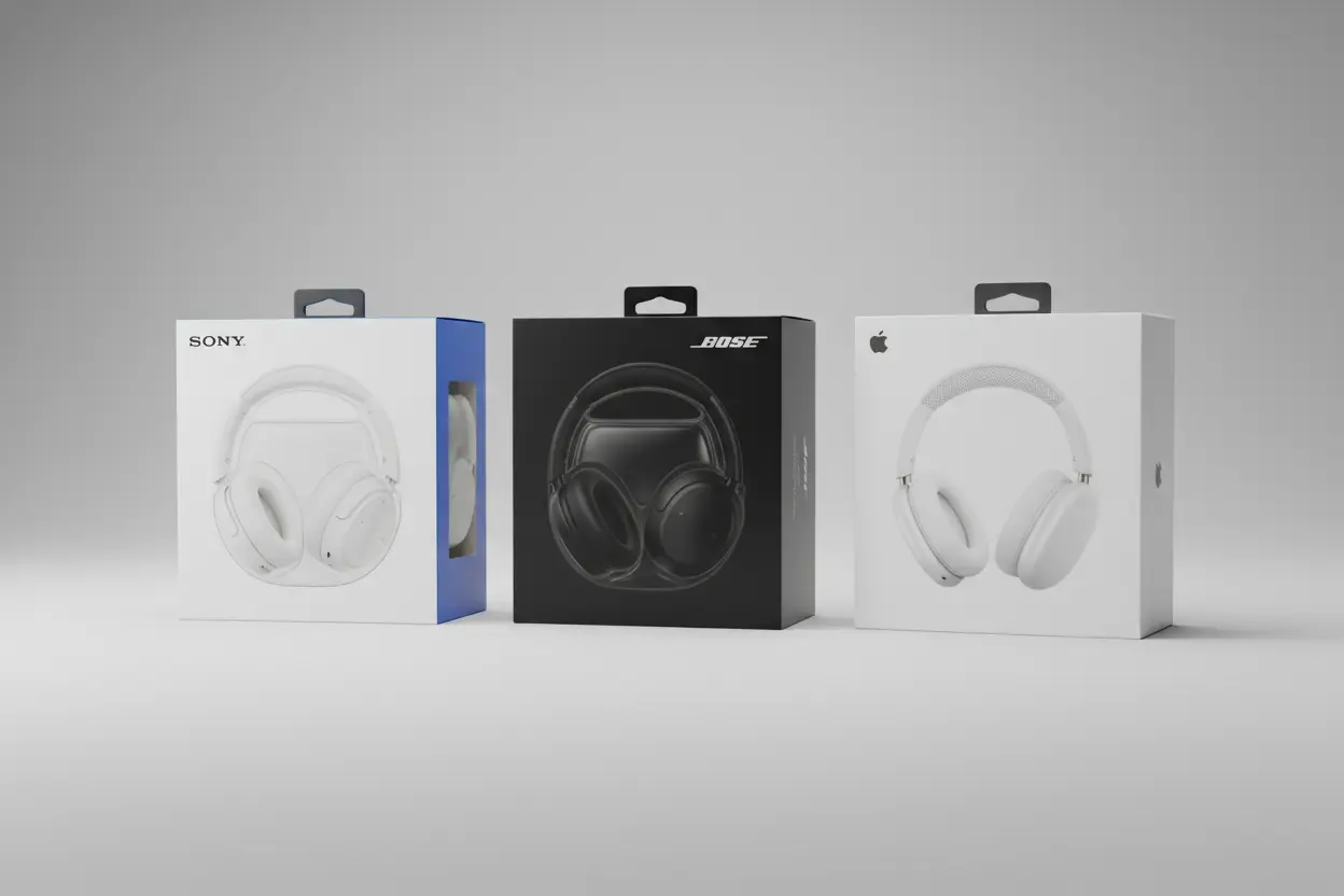 Comparação entre fones de ouvido com cancelamento de ruído Sony, Bose e Apple.