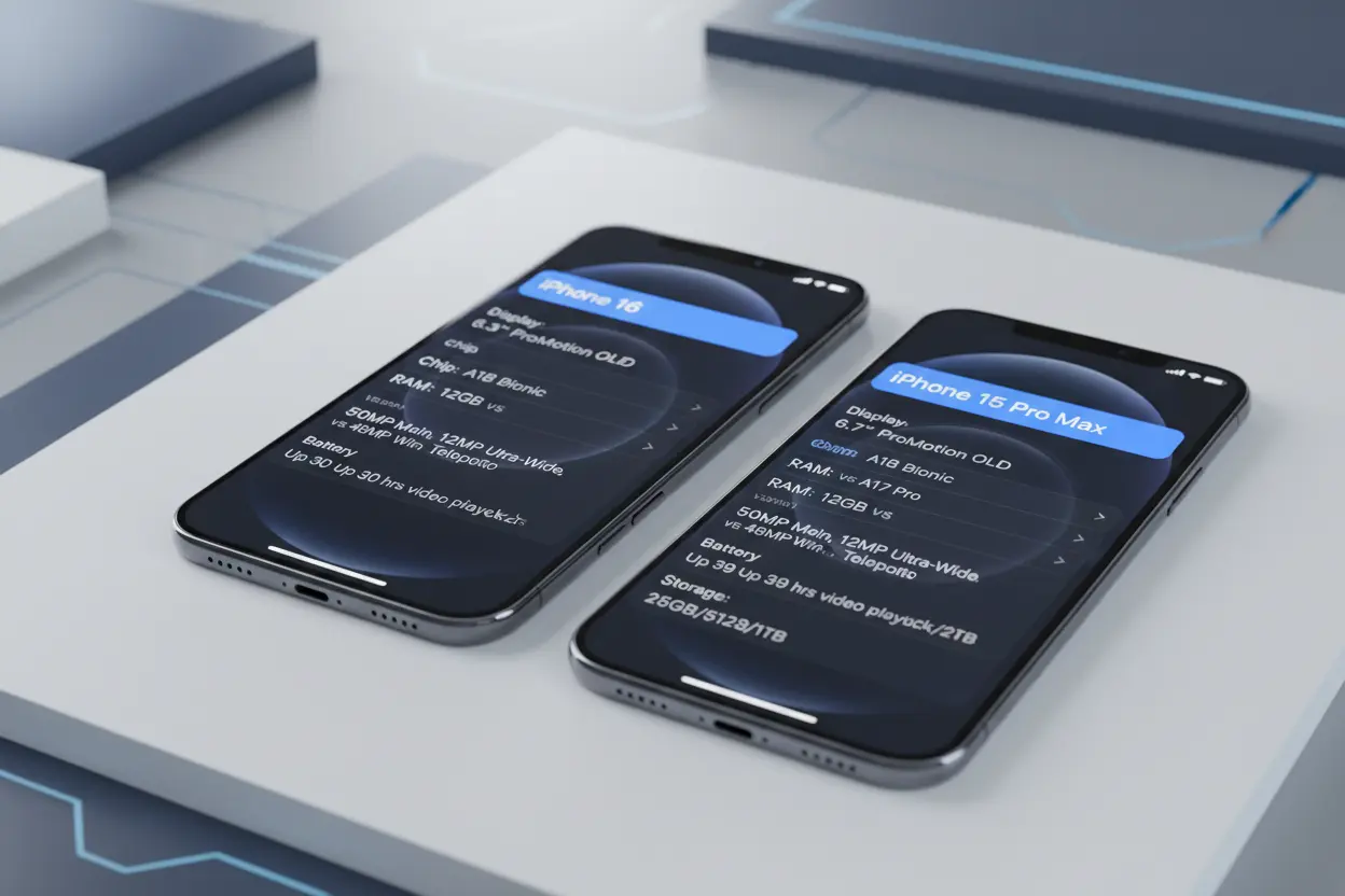 Comparativo detalhado entre iPhone 16 e iPhone 15 Pro Max.