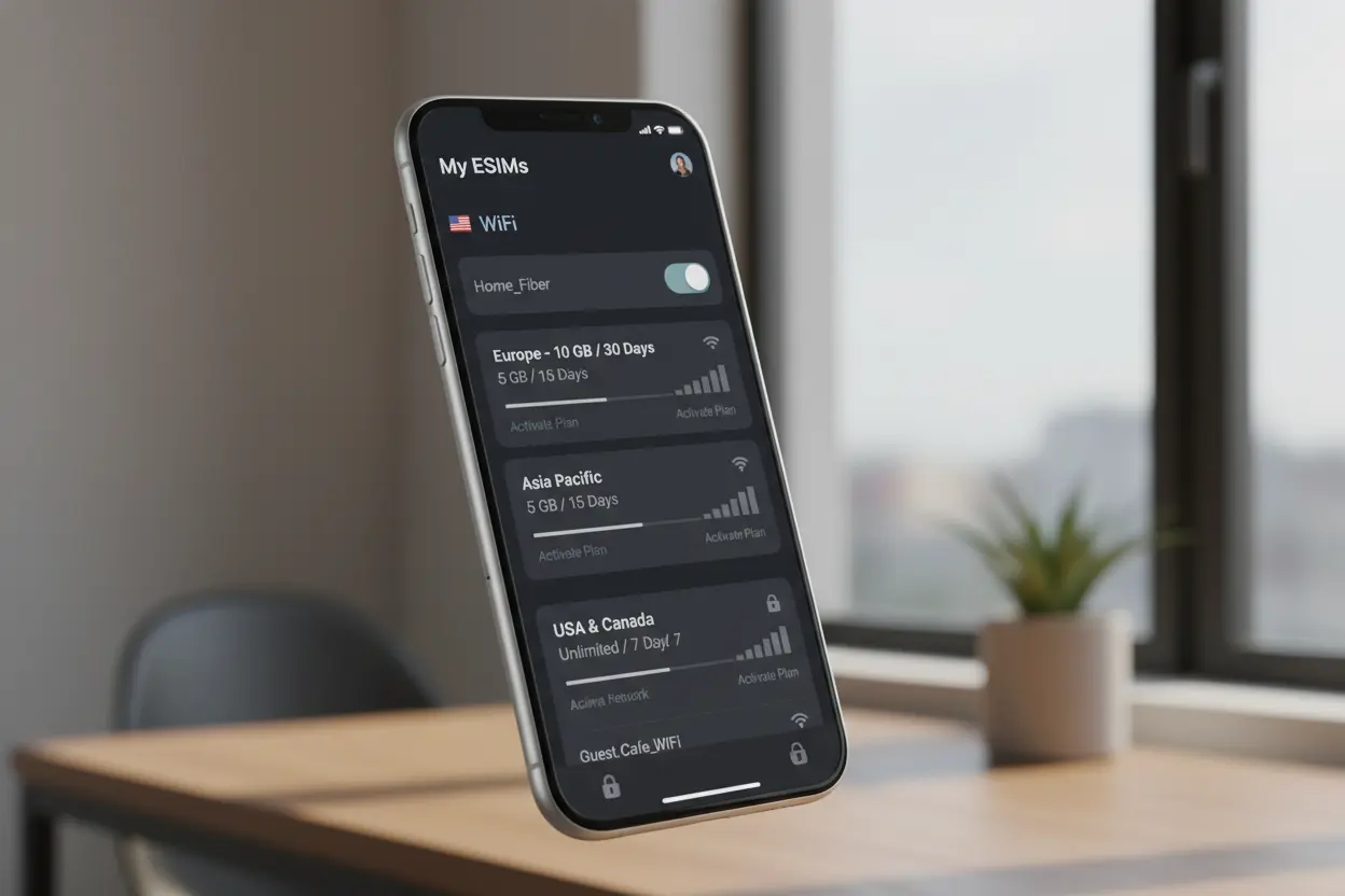 Interface de aplicativo de eSIM para celular em viagem.