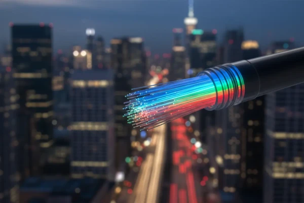 Cabo de fibra óptica transmitindo luz em alta velocidade.