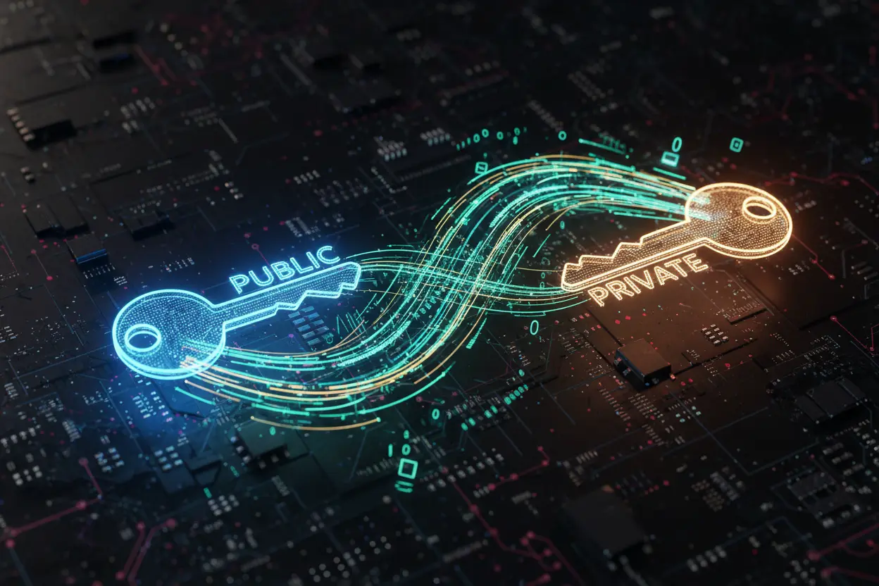 Funcionamento da Criptografia E2EE Fluxo de dados criptografados entre chaves digitais em um circuito.