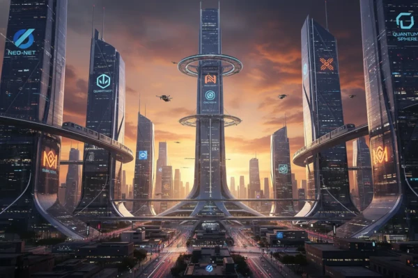 Cidade futurista com logos de empresas de tecnologia