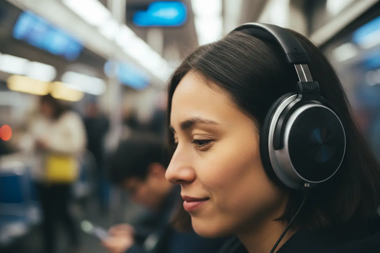 Pessoa usando fones de ouvido com cancelamento de ruído em ambiente urbano.