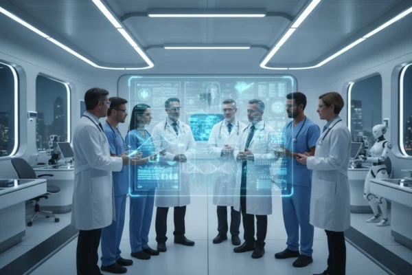 Médicos usando tecnologia avançada para entender como IA está transformando a medicina e saúde.