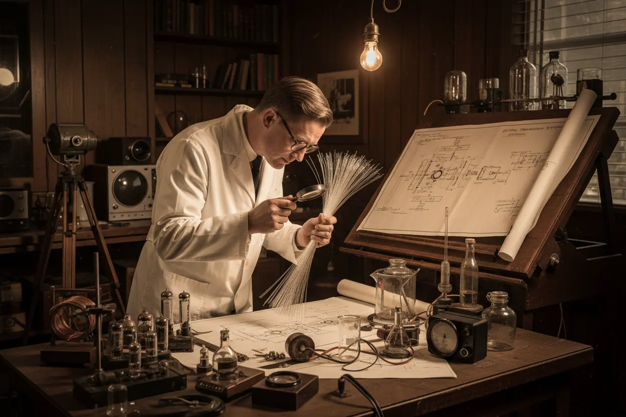 Pioneiros da Fibra Óptica Cientista em laboratório antigo desenvolvendo fibra óptica.